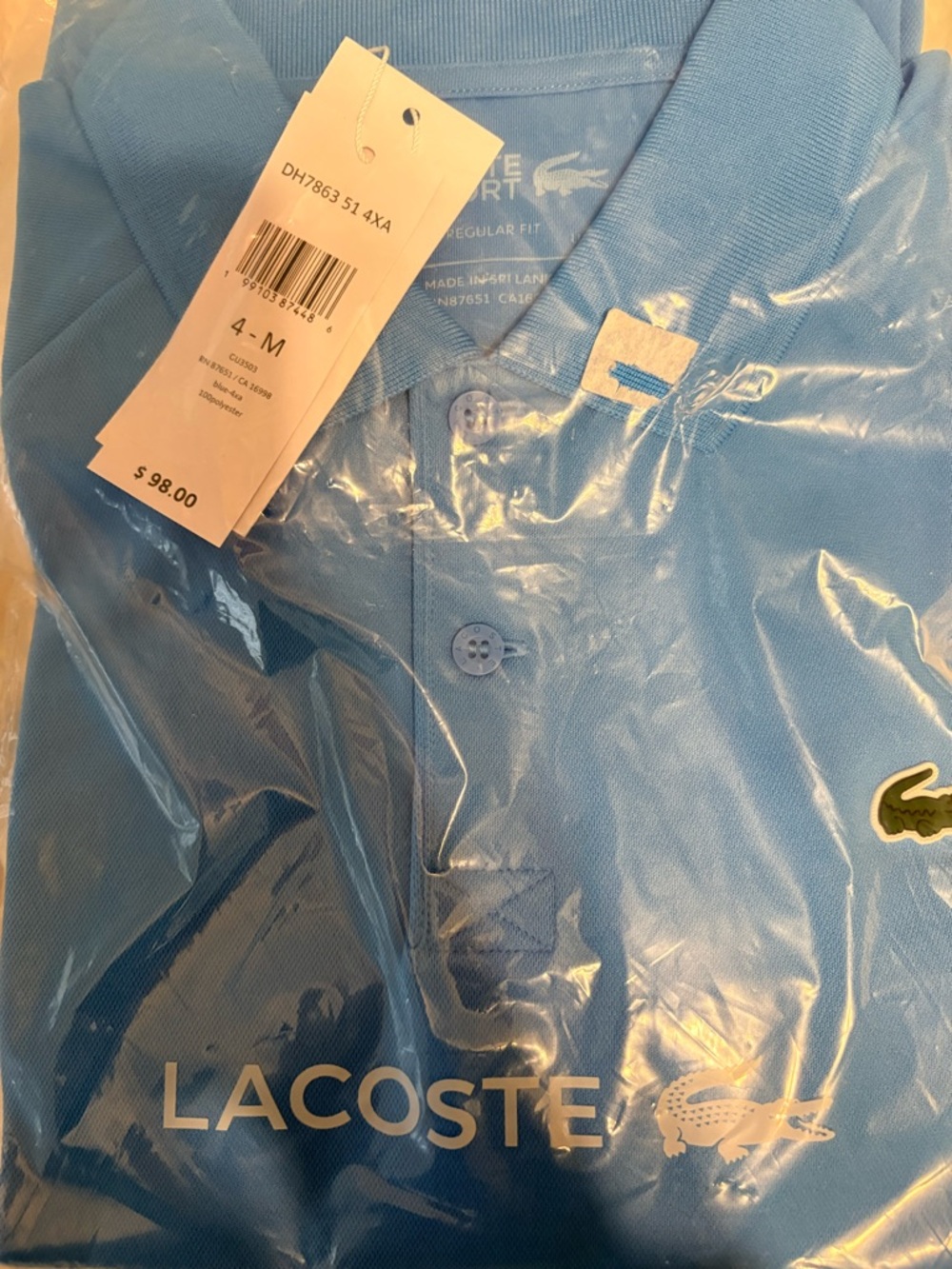 Lacoste Light Blue Sport Polo Shirt with Crocodile Patch NWT in plastic